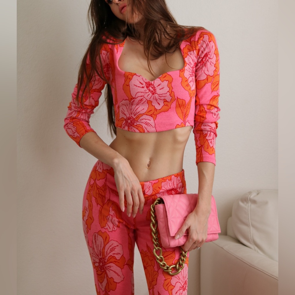 Zara pink & orange jacquard set (long sleeve crop top & pants)